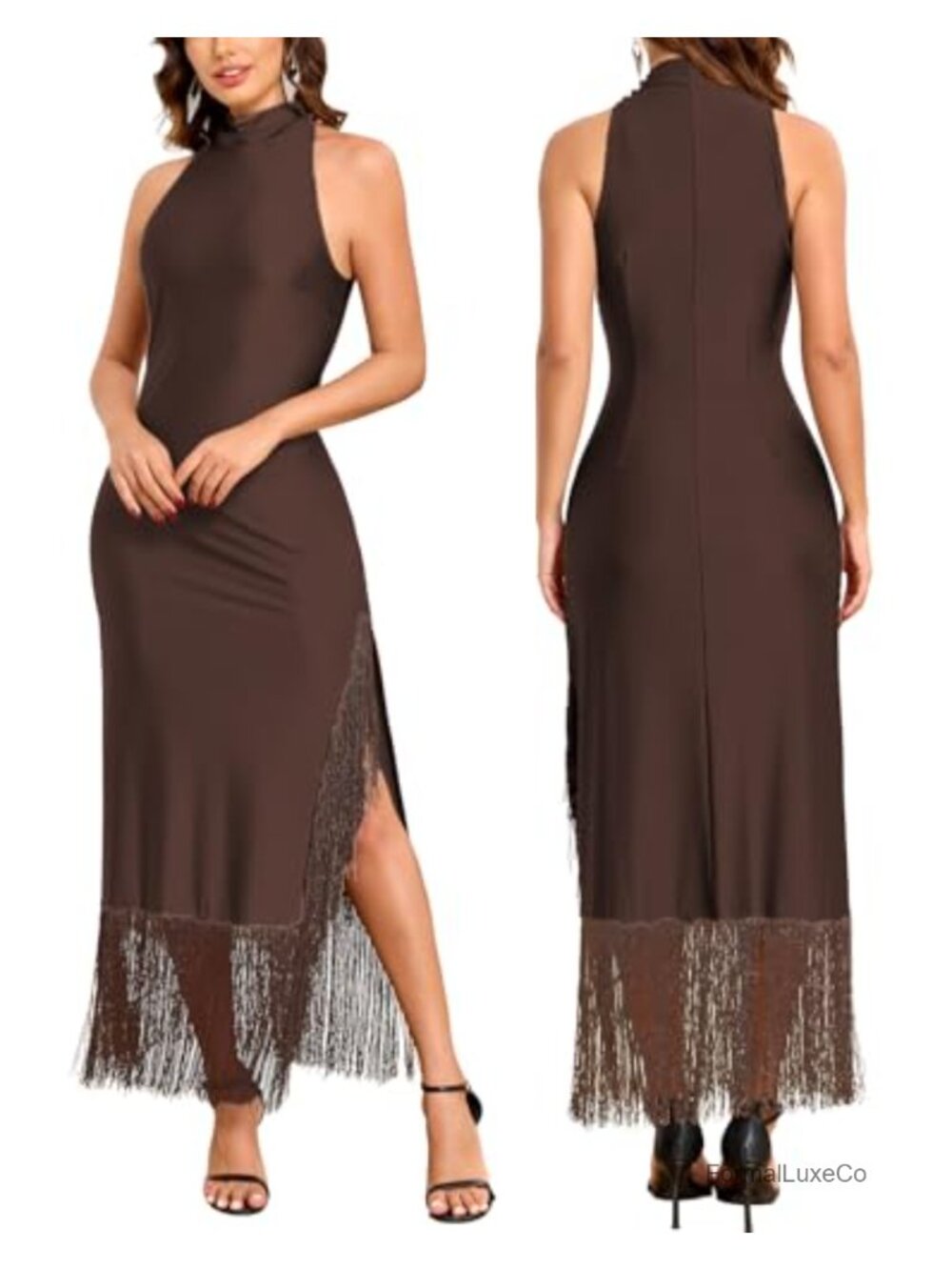 Women High Neck Halter Flapper Maxi Dress Slit Tassel Gatsby Vintage